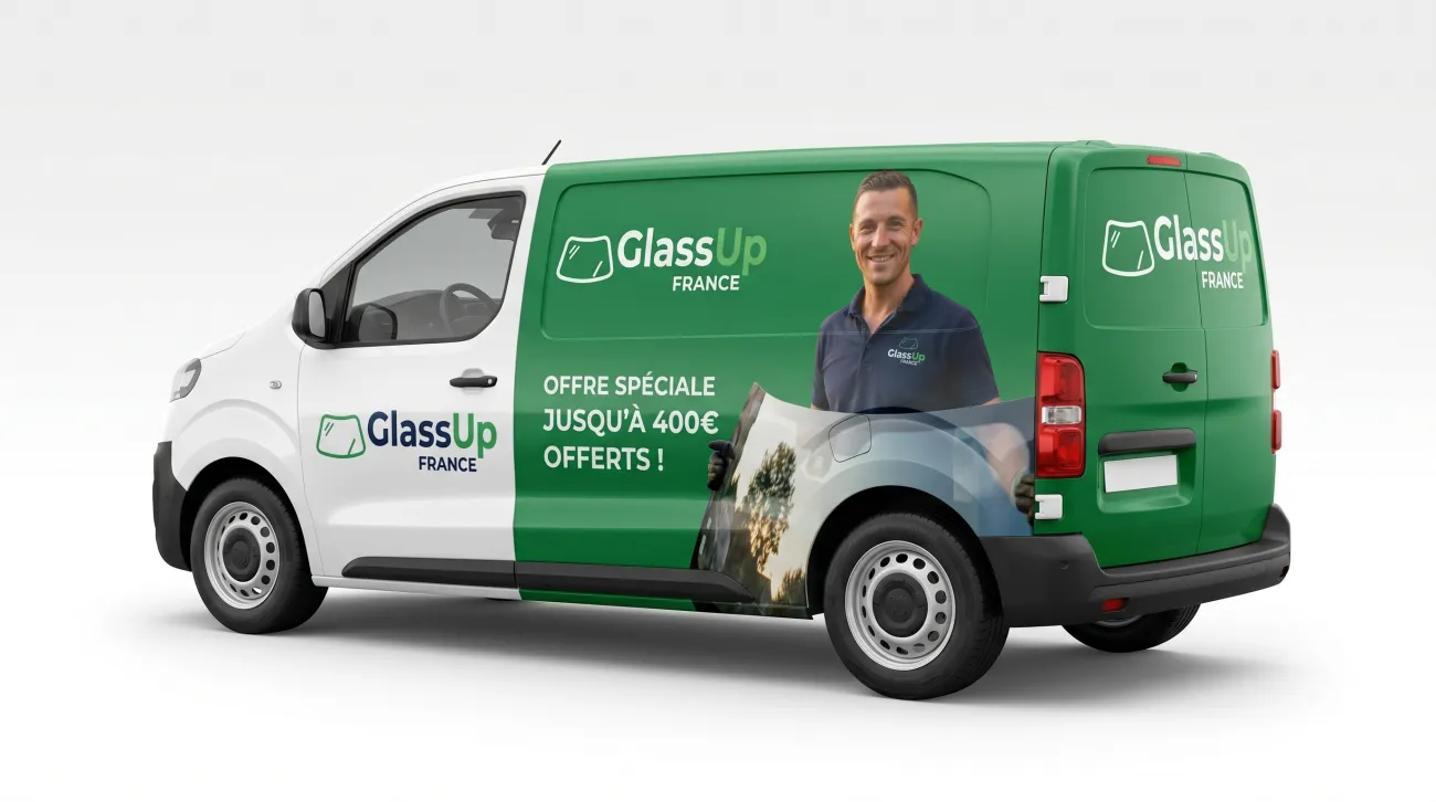 Camion GlassUp France brandé "Jusqu'à 400 € offerts" — service mobile partout en France