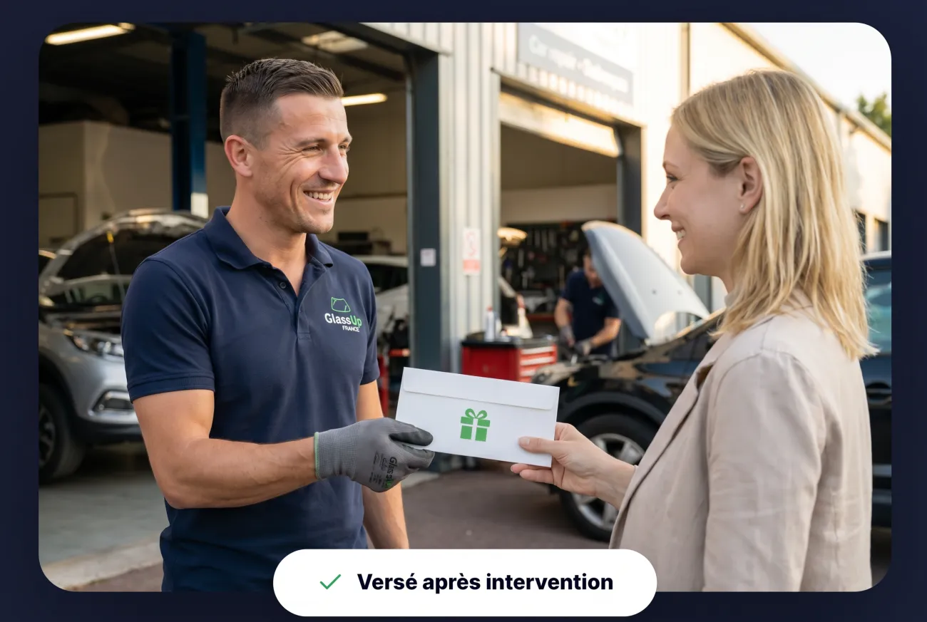 Technicien GlassUp France remettant l'enveloppe du bonus de reprise à un client après le remplacement du pare-brise