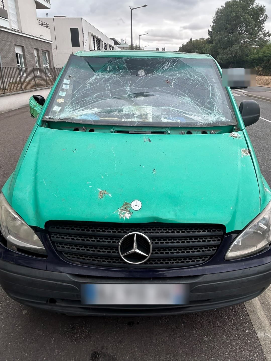 Mercedes-Benz Vito vert, pare-brise éclaté en toile d'araignée avant l'intervention